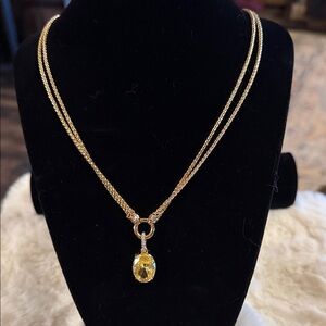 Gold-Tone Double Chain Necklace with Yellow Oval Gem Pendant
